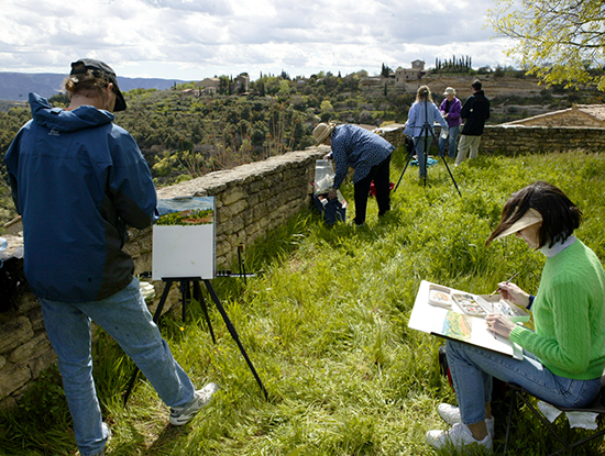 Photo of John Hulsey's plein air watercolor painting class in Gordes France